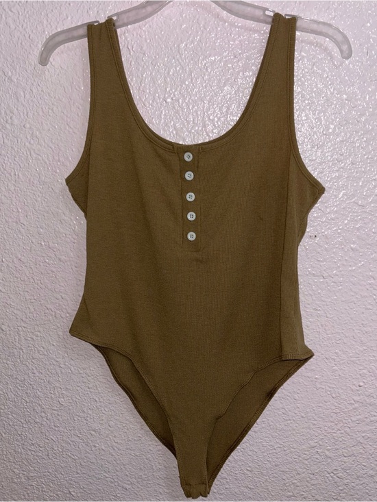 Tops - Women's Ribbed Tan One-Piece Bodysuit Tank with Button Front